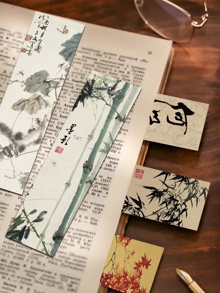 30pcs Chinese calligraphy and painting bookmarks Classical ink painting poetry decoration Reading pages Book marking page folder