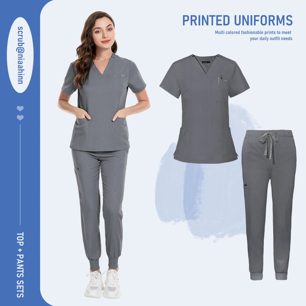 Niaahinn Uniform Schönheitssalon Haustier Krankenhaus Medizinisches Peeling Krankenpflege Krankenschwester Peeling V-Ausschnitt Tops Scrub Jogger Sets Hochwertige Uniformen – Detail 14