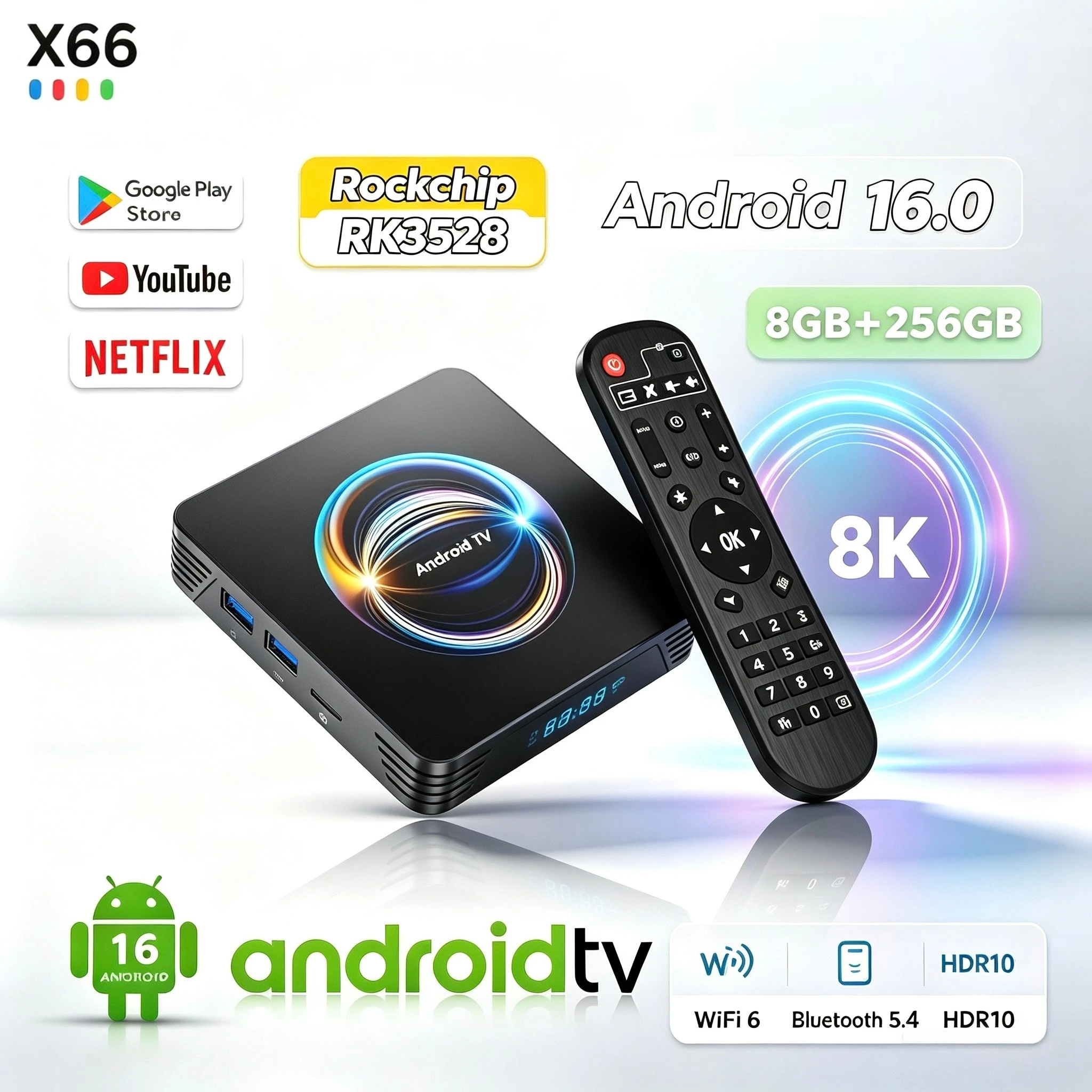 Android 16 Smart TV Box 8GB+256GB Ultra HD 8K Google Assistant Netflix Streaming Bluetooth 5.4  Media Player 2.4G 5G Wifi
