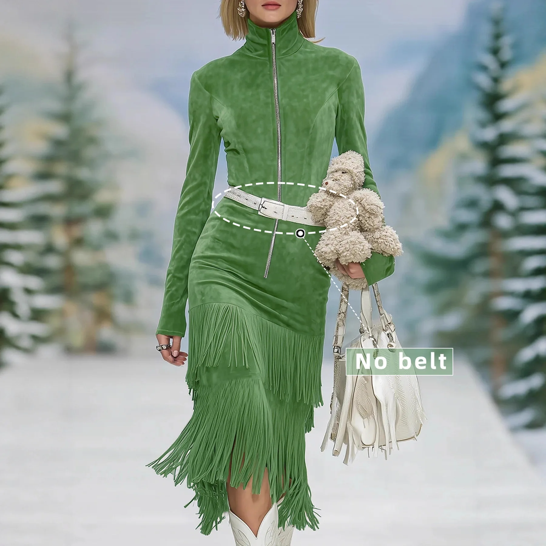 

European American Fringed Slimming Long-Sleeved Dress for Women's Autumn New Style Retro Zipper Green Female Dresses 2026