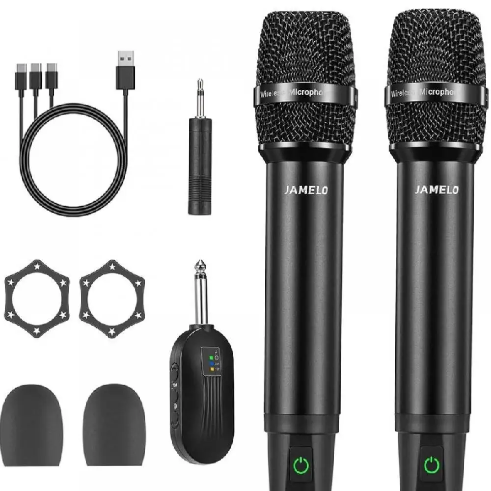 Rechargeable Wireless Microphones 2.4 GHz Dual Metal Handheld Cordless Dynamic Karaoke Microphone System with Receiver Mic