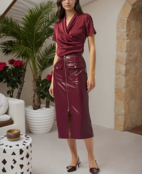 تصميم جديد لخريف 2025 تنورة عالية الخصر للتخسيس والتخسيس مع تنورة جلدية من البولي يوريثان بنمط سحاب معدني #1