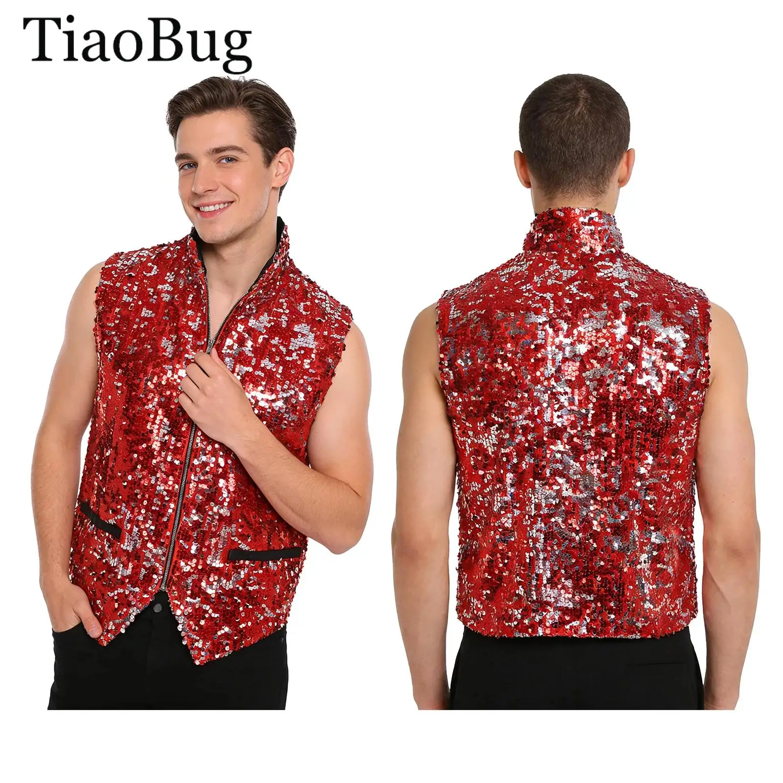 

Men Hip-hop Jazz Street Dance Vest Outerwear Shiny Sequin Disco Waistcoat Sleeveless Zipper Fully Lined Vest Tank Top Clubwear