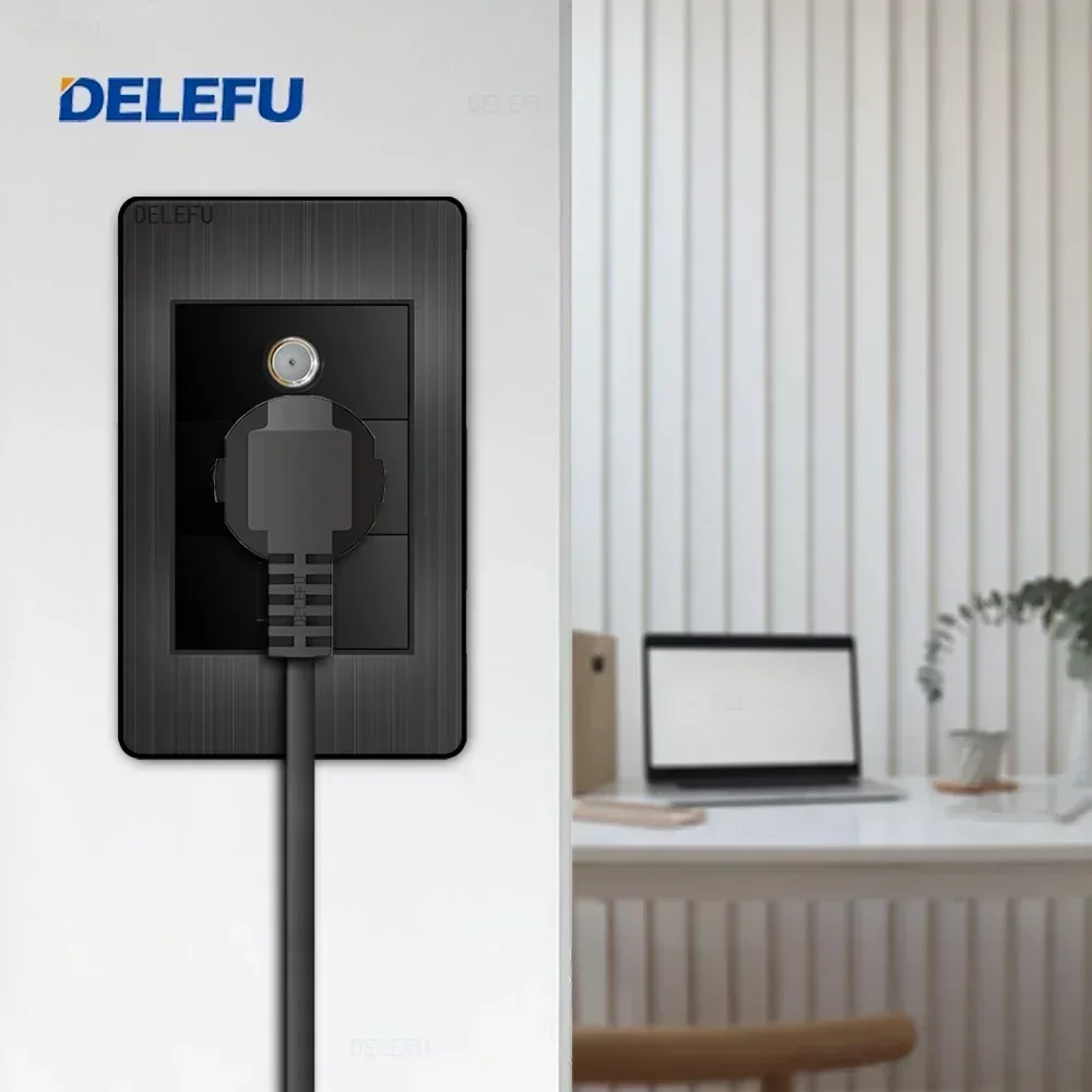 DELEFU Painel de aço inoxidável preto padrão italiano 118 * 74mm TEL CAT5E CAT6 TV tomada de parede via satélite