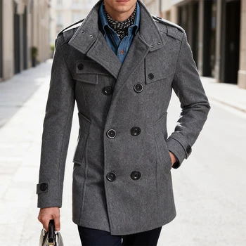 Men's Double-Breasted Woolen Overcoat 2 Men's Double-breasted Woolen Overcoat Fashion Solid Color Mid-length Jacket Luxury Light Business Stand Collar Trench Coat M-3XL 2
