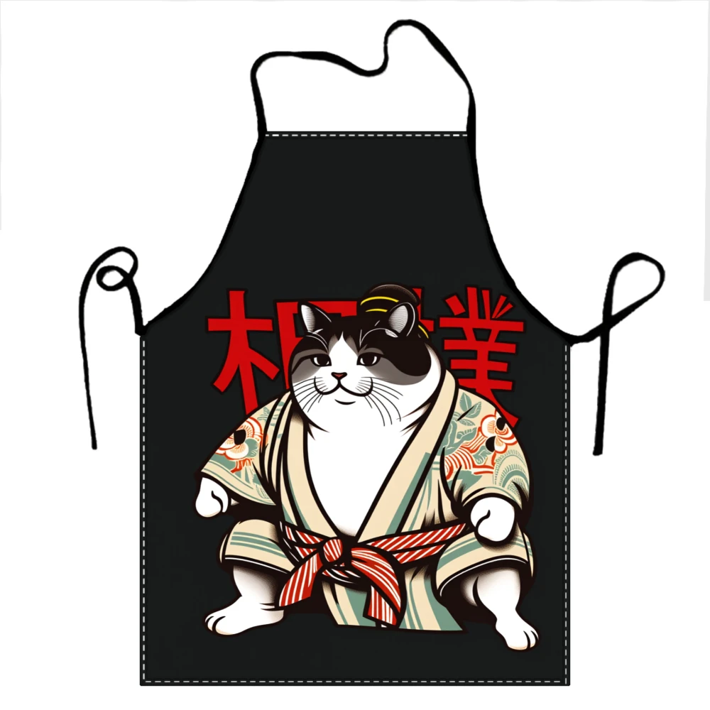 Cat Sumo Wrestler Apron Japanese Kimono Design Black Kitchen Apron With Red Text And Cute Cat Character For Cooking And Baking