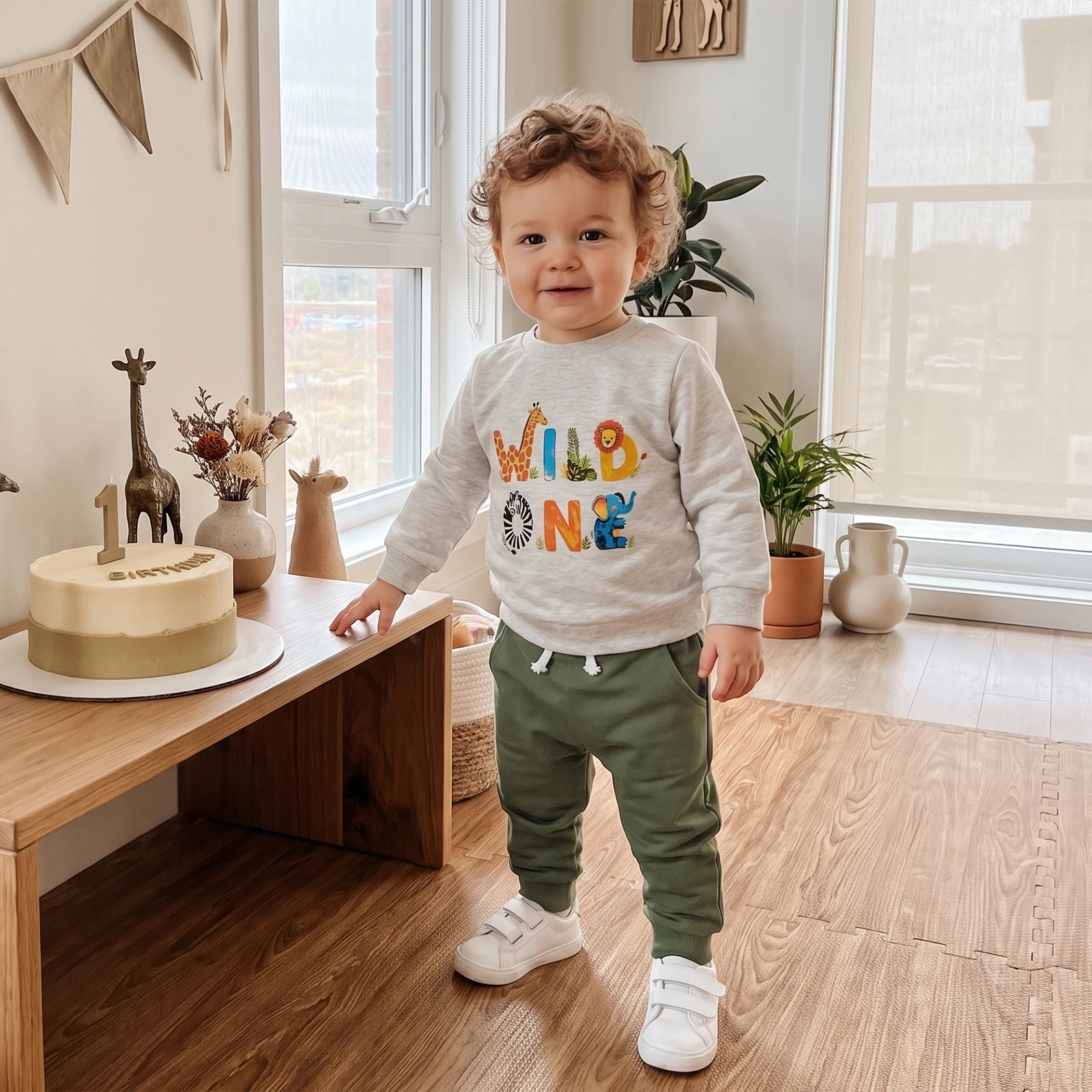 Baby Boy Birthday Outfit Long Sleeve Animal Letter Print Tops Pants Set