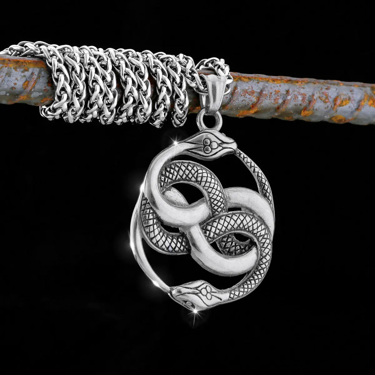 Vintage Creative Design Ouroboros Snake Viking Necklace Nordic Men Stainless Steel Double Snake Odin Pendant Amulet Jewelry New - view 4