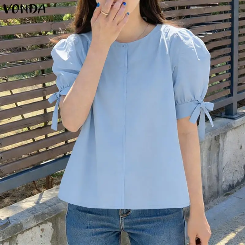 

VONDA элегантная офисная блузка женская мода топы с короткими рукавами туника 2026 летняя женская рубашка с пышными рукавами оверсайз Blusas Femininas