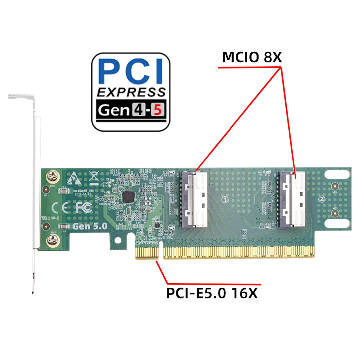 2025 NIEUWE PCIe 5.0 Adapter Base X16 MCIO 8i Vrouwelijke NVMe + PCIe5 Dual-poort Externe Grafische kaart Adapter Split Card