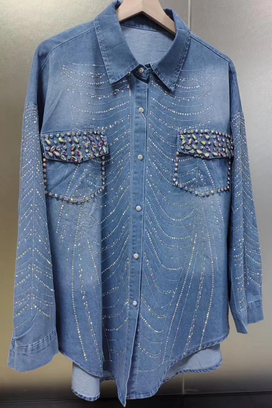 New In Autumn Sparkle Diamonds Mid-length Denim Shirts & Blouses For Women\'s Fashion Trend 2024   Tops Blusas Woman Clothes