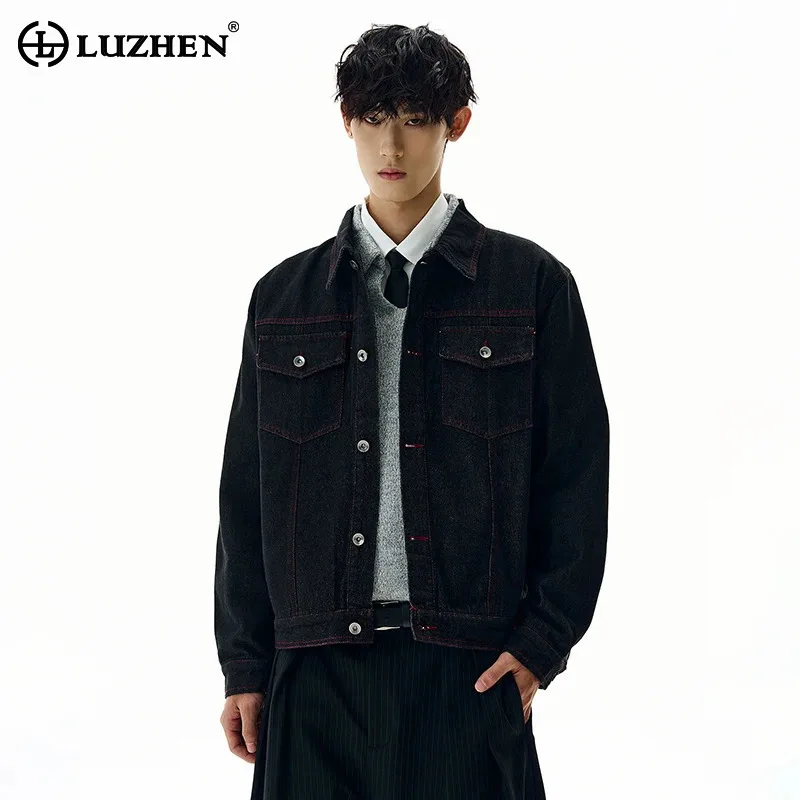 

LUZHEN Fashion Pockets Decorate Solid Color High Quality Denim Jacket Men's 2025 Autumn Stylish Handsome Original Coat JY3908