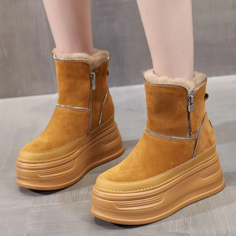 Fujin 9cm Suede Cow Genuine Leather Platform Wedge Winter Plush Women Boots Hidden Heels Spring Warm Ankle Booties Autumn Shoes