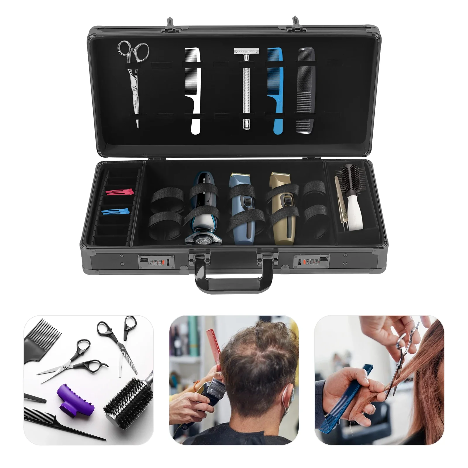 Reise-Stylist, Friseur-Werkzeugkasten, Organizer-Box, Clipper, Trimmer, Scherklinge, kompakter Friseurkoffer mit Aluminiumrahmen – Detail 1