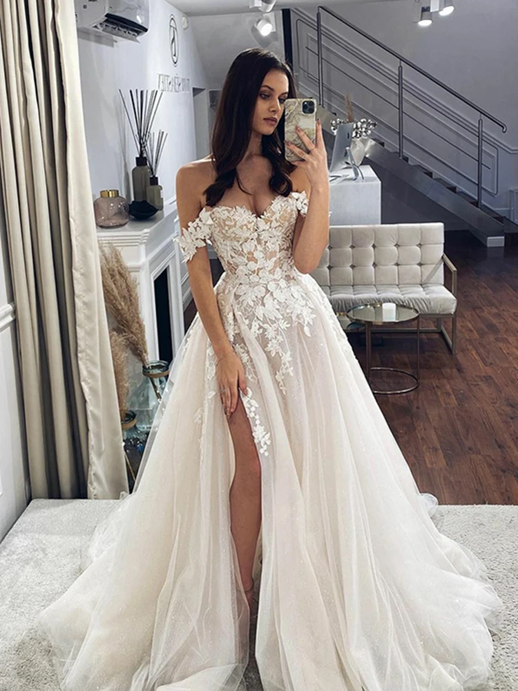 lorie boho wedding dress LORIE Lace Wedding Dresses 2022 Off The Shoulder Sweetheart Neck Bridal Gowns Side Split Appliques