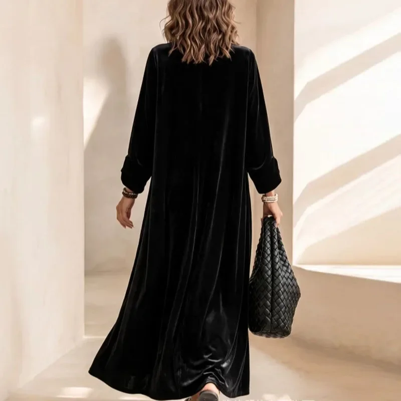 Women Color Block Velvet Maxi Dress V Neck Long Sleeve Contrast Patch Pockets Loose Flowy Long Dress Evening Holiday Party Dress