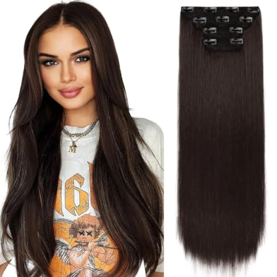

REECHO 28" Straight Super Long 4 PCS Set Thick Clip in on Hair Extensions Dark Brown with Little Reddish