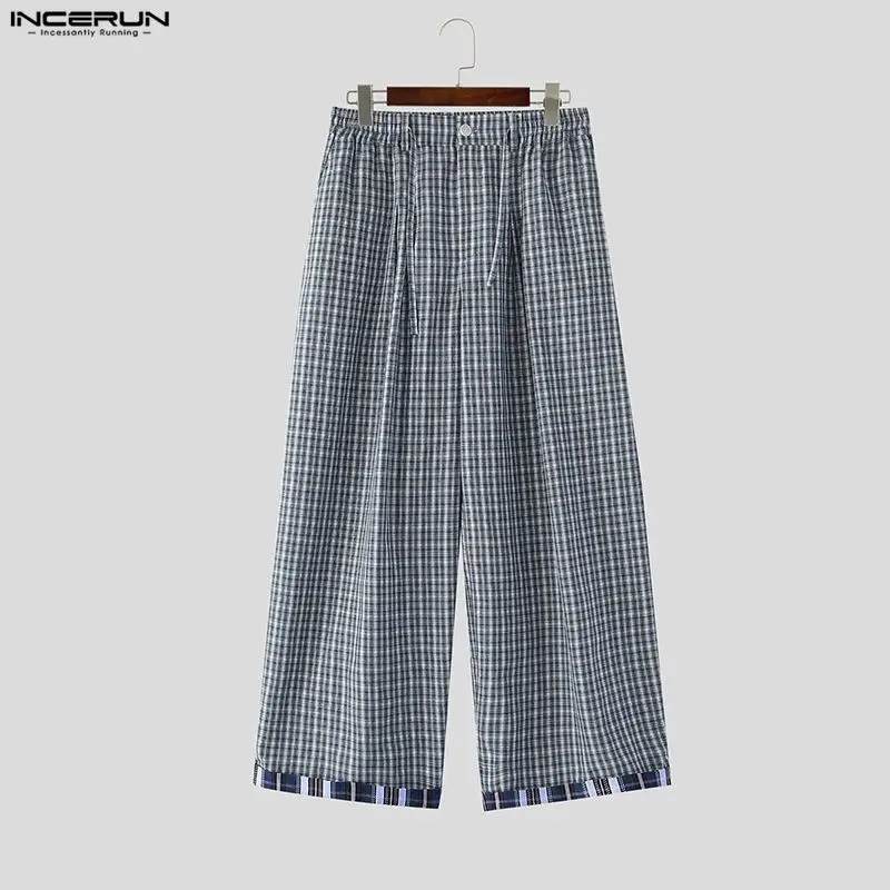 

INCERUN Men's Pants Plaid Patchwork Button Joggers Casual Wide Leg Trousers For Man Streetwear Loose 2026 Fashion Pantalones