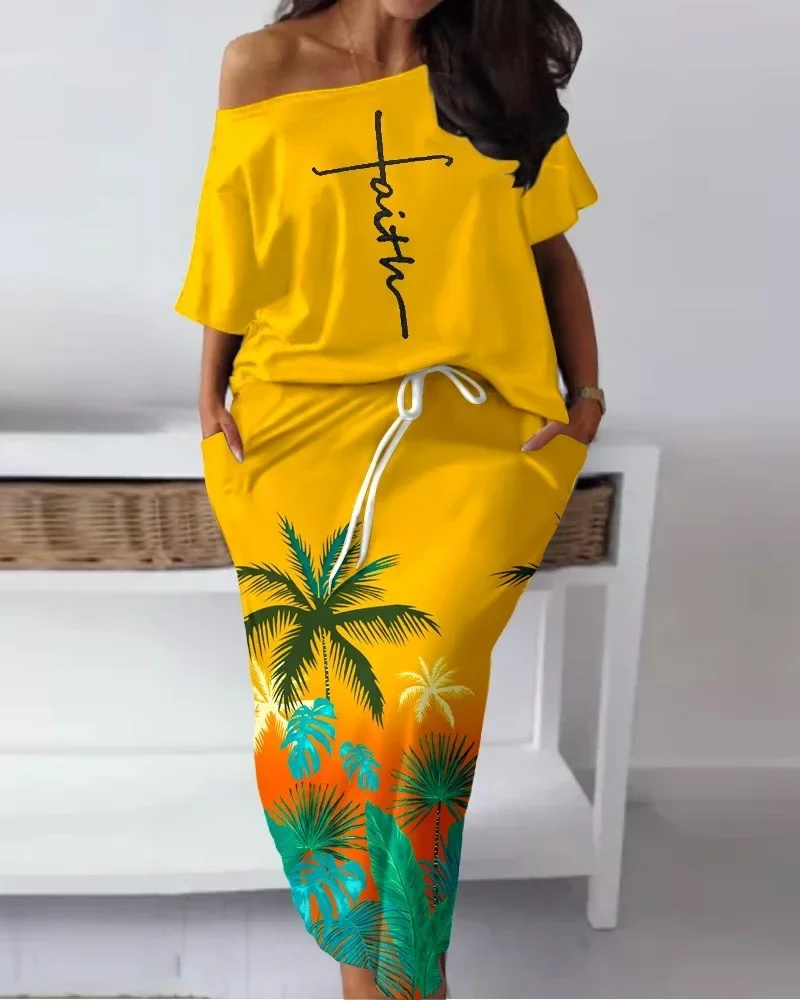 2023 Summer Elegant African Women Half Sleeve Polyester Printing 2pieces Top Long Skirt Matching Sets African Clothes Women