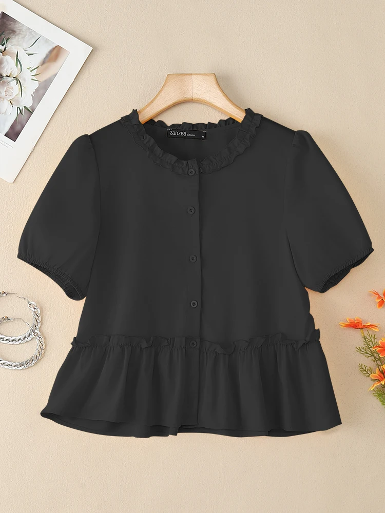 ZANZEA Elegant Ruffled Work Shirt 2025 Summer Blouse Women Short Sleeve Buttons Tops Casual Solid Holiday Shirts Mujer Oversize