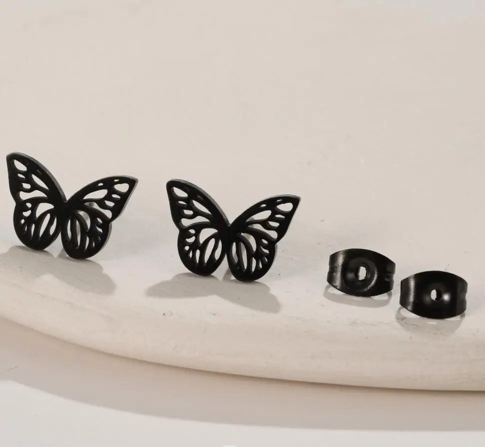 Kawaii Cartoon Black Earrings For Women Surgical Steel Cute Animal Butterfly Piercing Simple Stud Earrings Aretes De Mujer