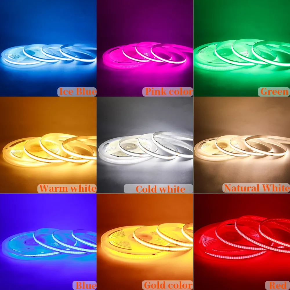 Imagem -06 - Cob High Density Led Strip Light Iluminação Linear Fita Flexível Quente Natural Branco Vermelho Azul Verde Decoração Rosa Dc5v 320leds por m