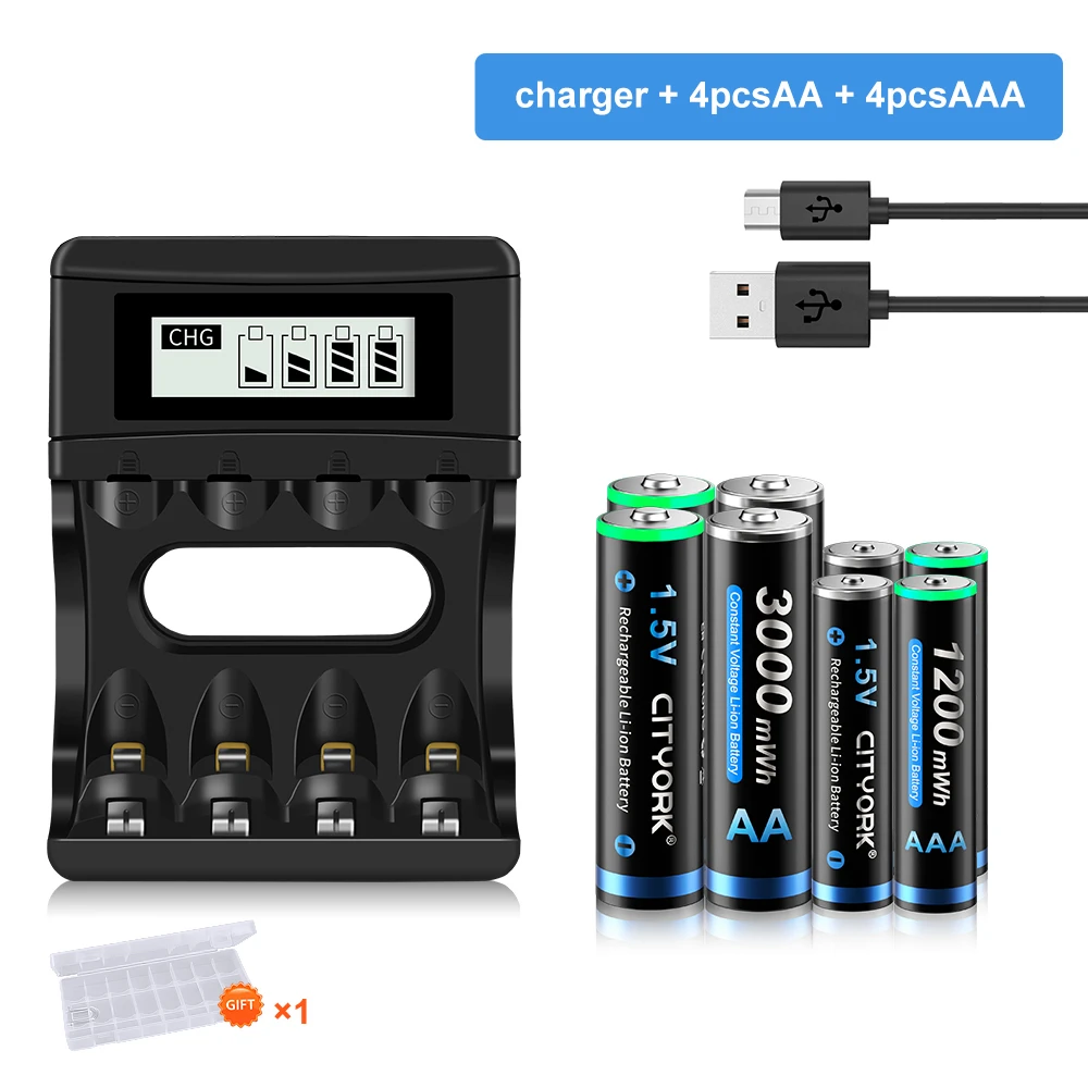 

1.5V AAA lithium Rechargeable Batteries 1200mWh +1.5V AA Li-ion Rechargeable Battery 3000mWh and 1.5V AA AAA Battery Charger