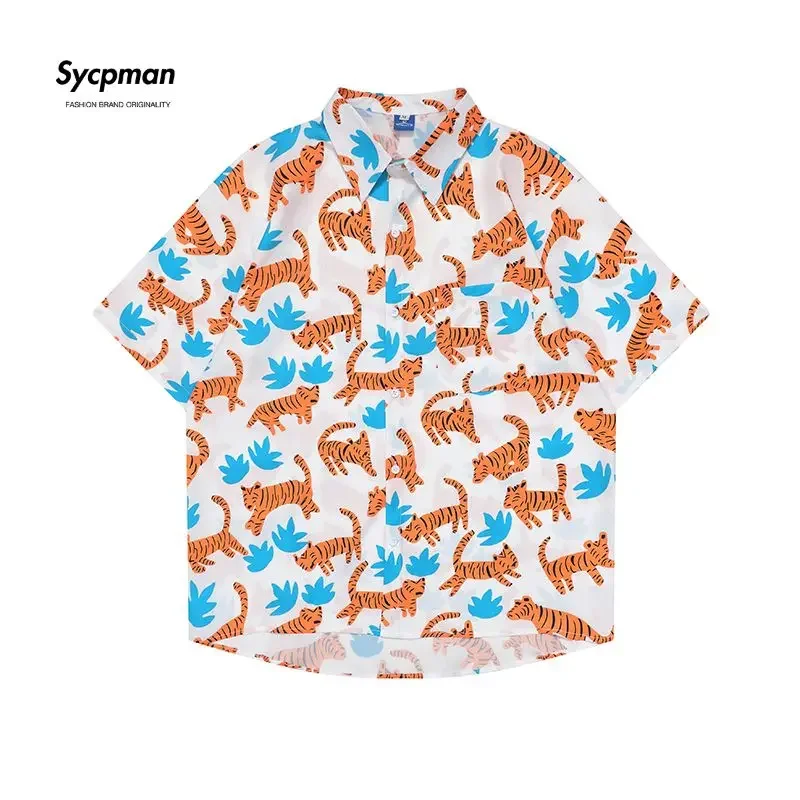 Sycpman Oversized Casual Shirt Mens Summer Tiger Print Male Students Versatile Loose Couple Fashion Clothing Trends Beach Shirts