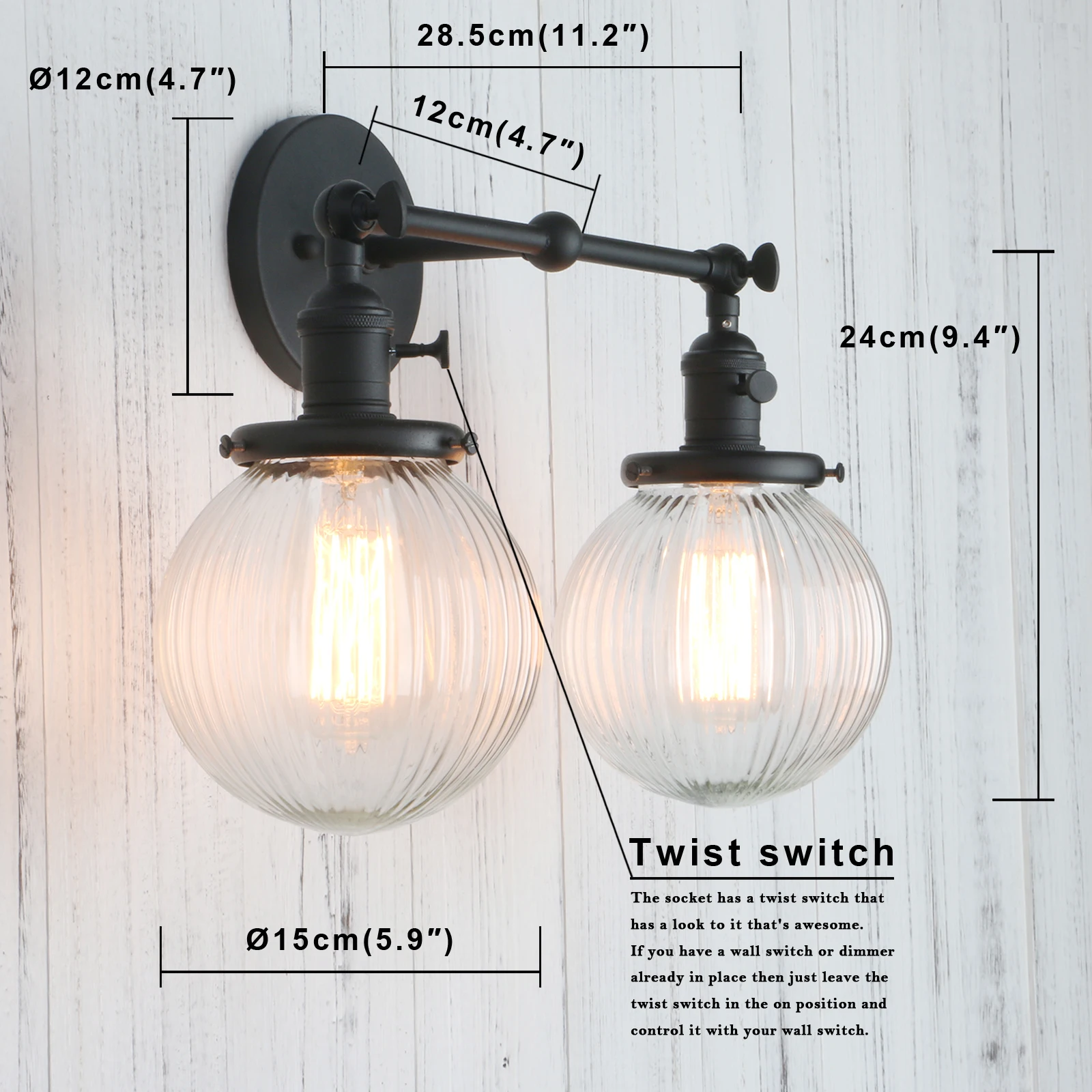 Imagem -02 - Lâmpadas de Parede com Sombra de Vidro Globo Dupla Cabeça Parede Luz com Interruptor Estilo Retro Rústico Luzes