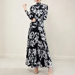 2 Piece Sets Women Outfit 2024 Spring Fashion Vintage Printed Stretch Miyake Pleated Long Sleeved Tee Top + Elegant Skirt Suits