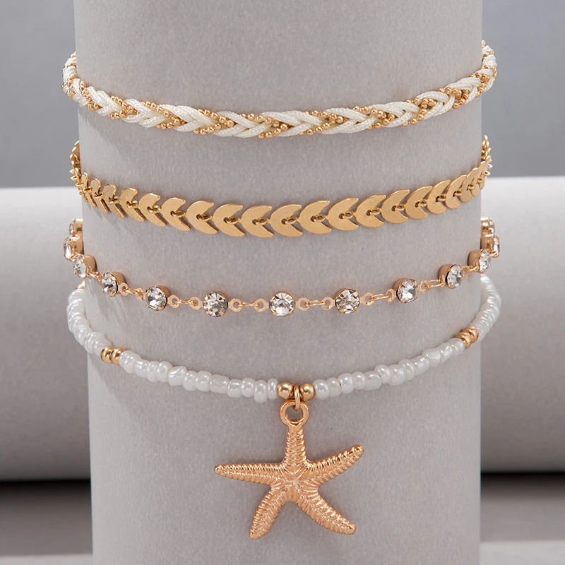 4 Teile/satz Böhmen Metall Shell Perlen Fußkettchen Für Frauen Seestern Peal Reis Perlen Fußkettchen Sommer Strand Knöchel Kette Auf Bein Schmuck