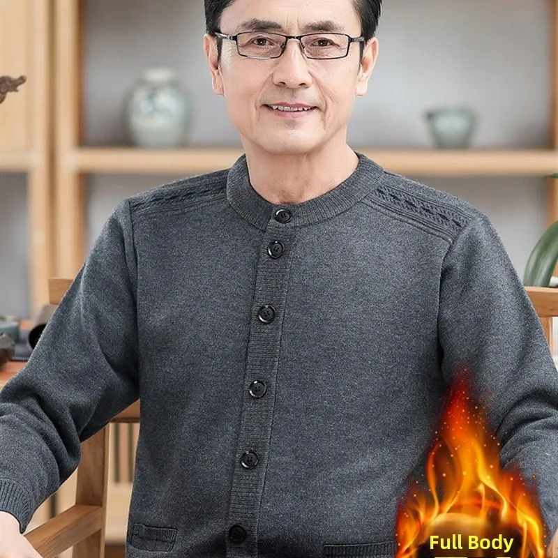 

Мужской утепленный вязаный кардиган на флисовой подкладке для среднего и пожилого возраста, зимний, теплый, повседневный