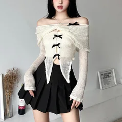 Apricot Gentle Sweet Mature Mature Beautiful Sexy All-match Casual Women Autumn One-line Collar Knitted Mesh Dovetail Top