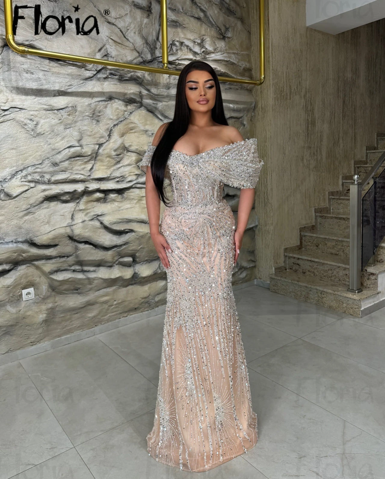 Dubai Arabic Nude Champagne Party Dress Off the Shoulder Mermaid Evening Dress Long Glitter Wedding Occasion Gowns For Women