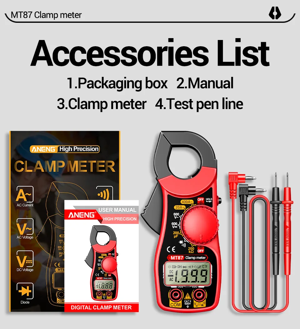 Professionelles Multimeter Stromzangenmessgerät Digitale Spannungsmessung 1,45 Zoll Große Messzange Strom NCV Ohm Hochpräziser Detektor Werkzeuge ANENG MT87 – Detail 13