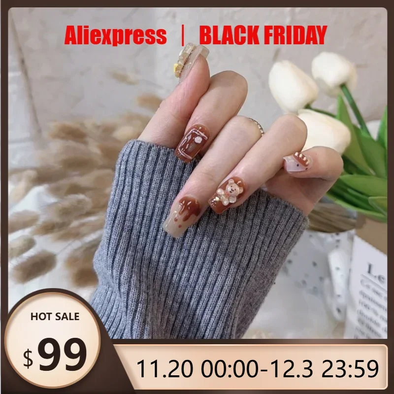 

10pcs 3D Cartoon Bear Donut Design False Nails Handmade Medium Square Chocolate Hat Bear Press-On Nail Set for Women and Girls