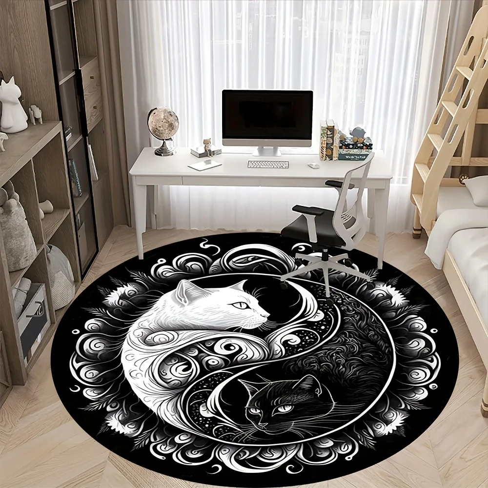 VIKAMA Yin-Yang Black and White Cat Round Floor Mat Living Room Bedroom Carpet Game Room Carpet Home Decor