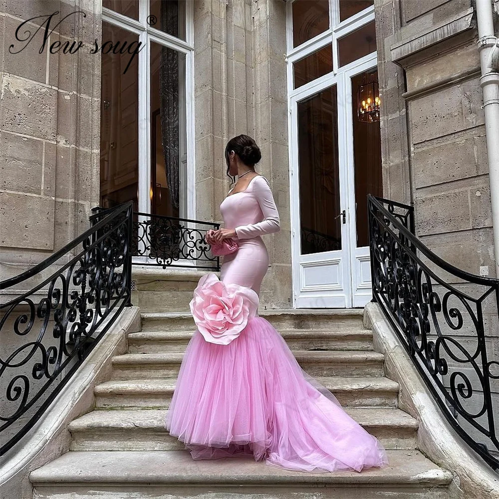 Vestidos elegantes de sirena rosa para celebridades con flores grandes, vestido de fiesta de manga larga personalizado, vestido de noche de Oriente Medio, vestidos de fiesta