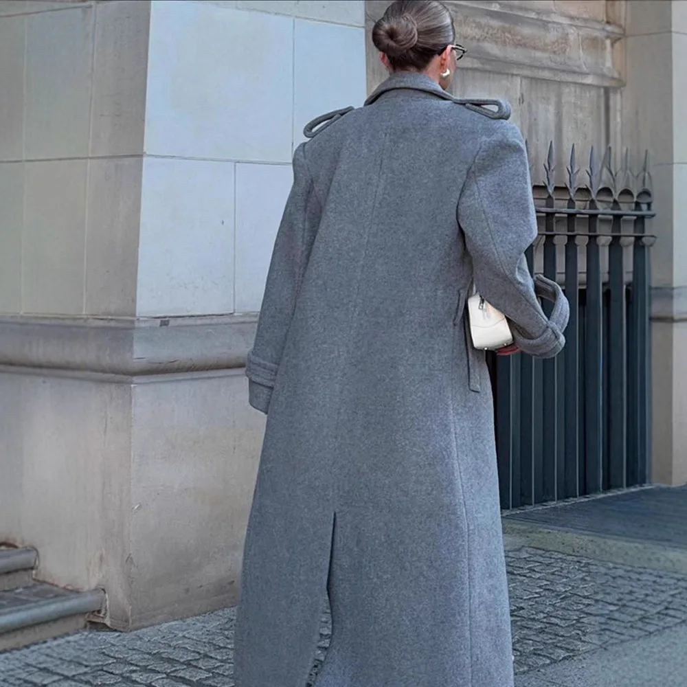 Casaco feminino de lã cinza, gola virada para baixo, bolso duplo, casaco feminino chique, jaqueta minimalista de rua alta para mulheres