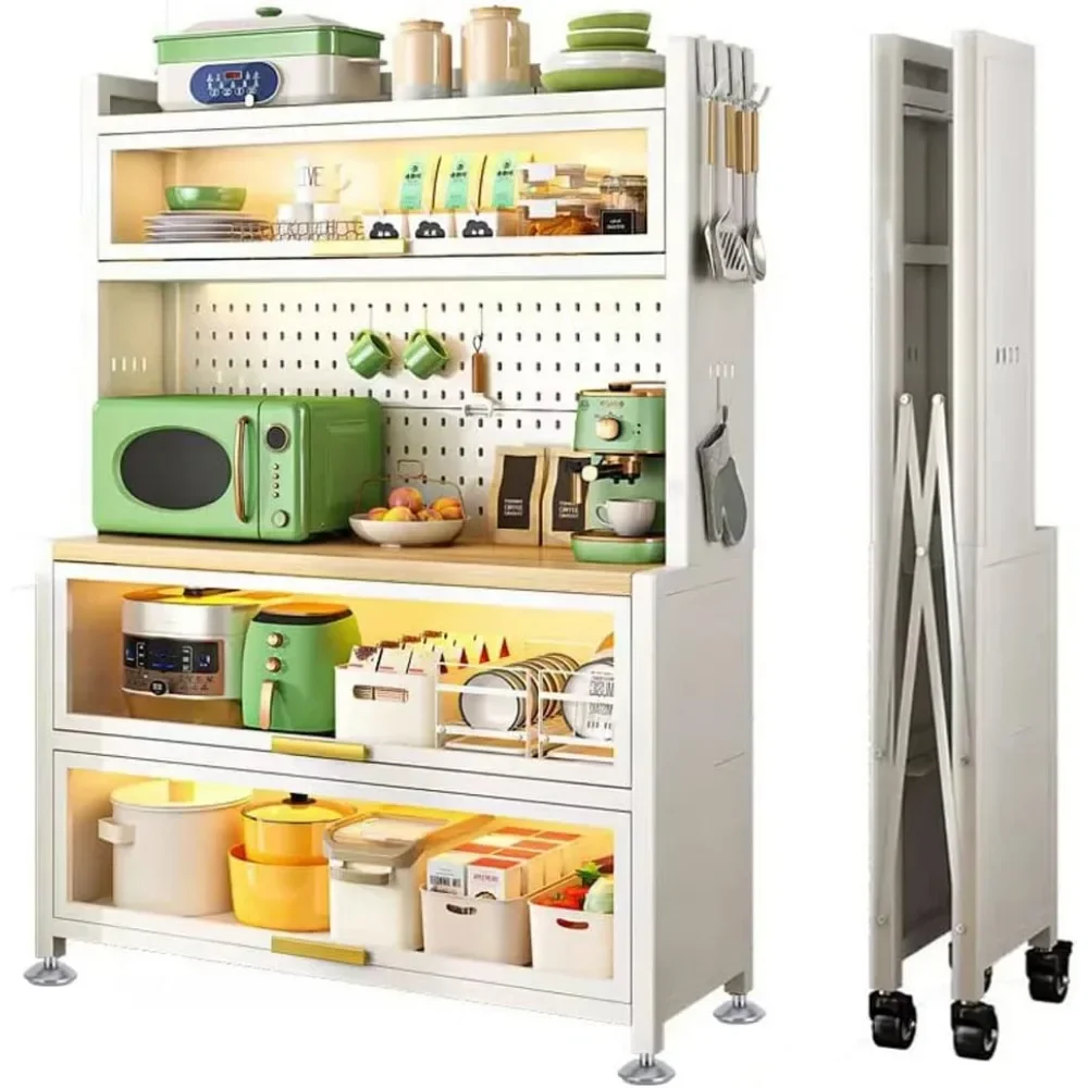 Kitchen Storage Cabinet - Baker's Rack, Microwave Stand with Storage, Microwave Cart, with Flip Door & DIY Backplane Creative