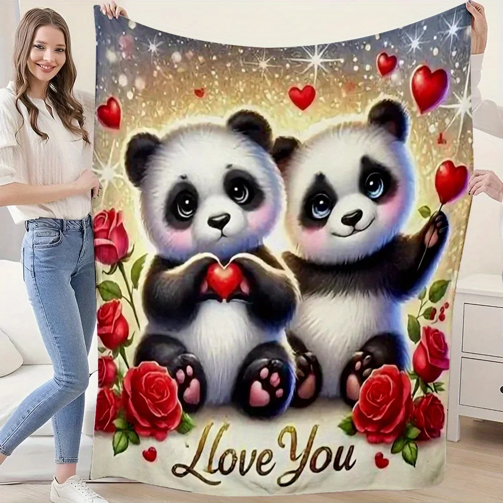 Panda Love Flannel Throw Blanket, Double Sided Heart Pattern for Sofa Bed, Soft All Season Machine Washable,Cute Home Decor Gift