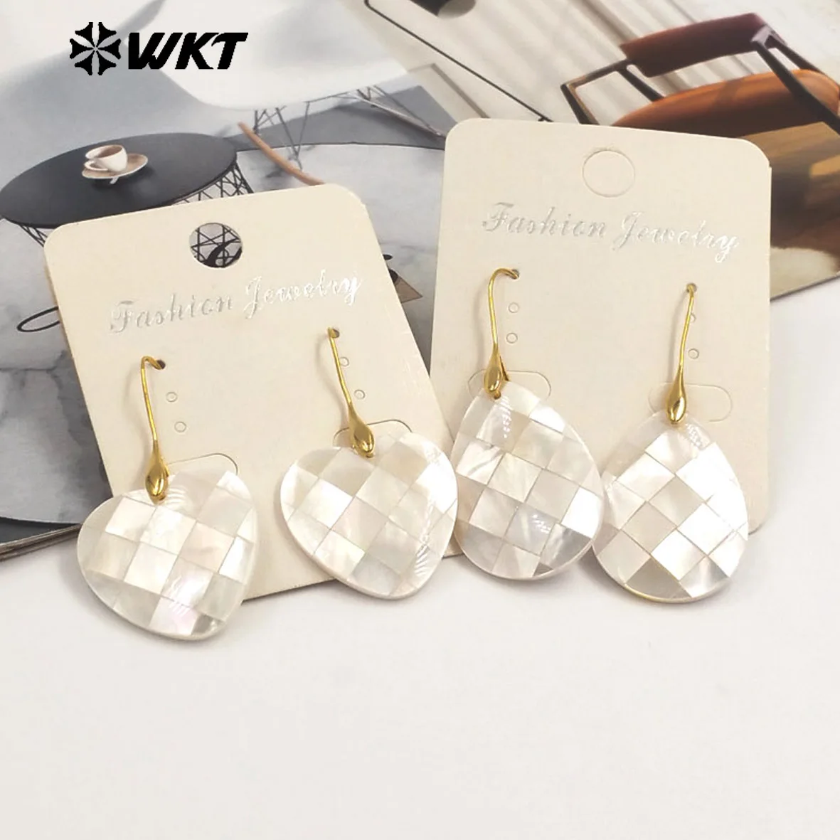 WT-MPE154 Wonderful Wholesale Mother Of Pearl Shell Earrings Gold Color Heart/ Waterdrop/ Cross/ Moon Shape Women Birthday Gift