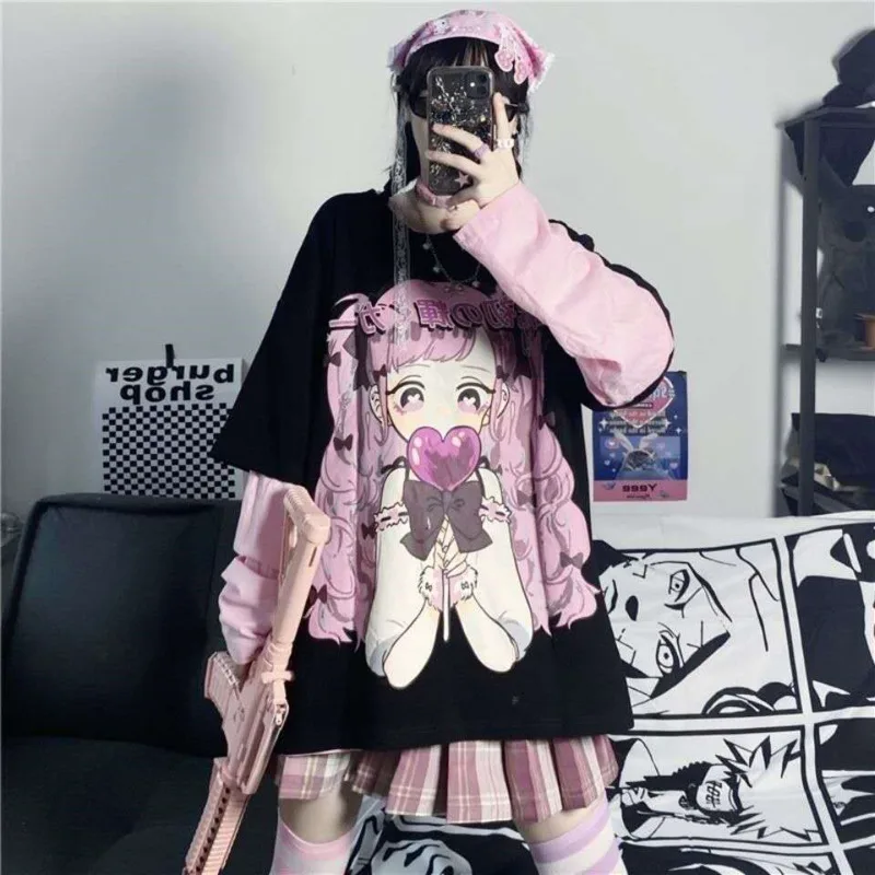 Japanese Cartoon Anime Sweet Cute Girl Print Long Sleeve T-shirt Women Autumn Street Fake 2 Piece Patchwork Pullovers Y2K Top