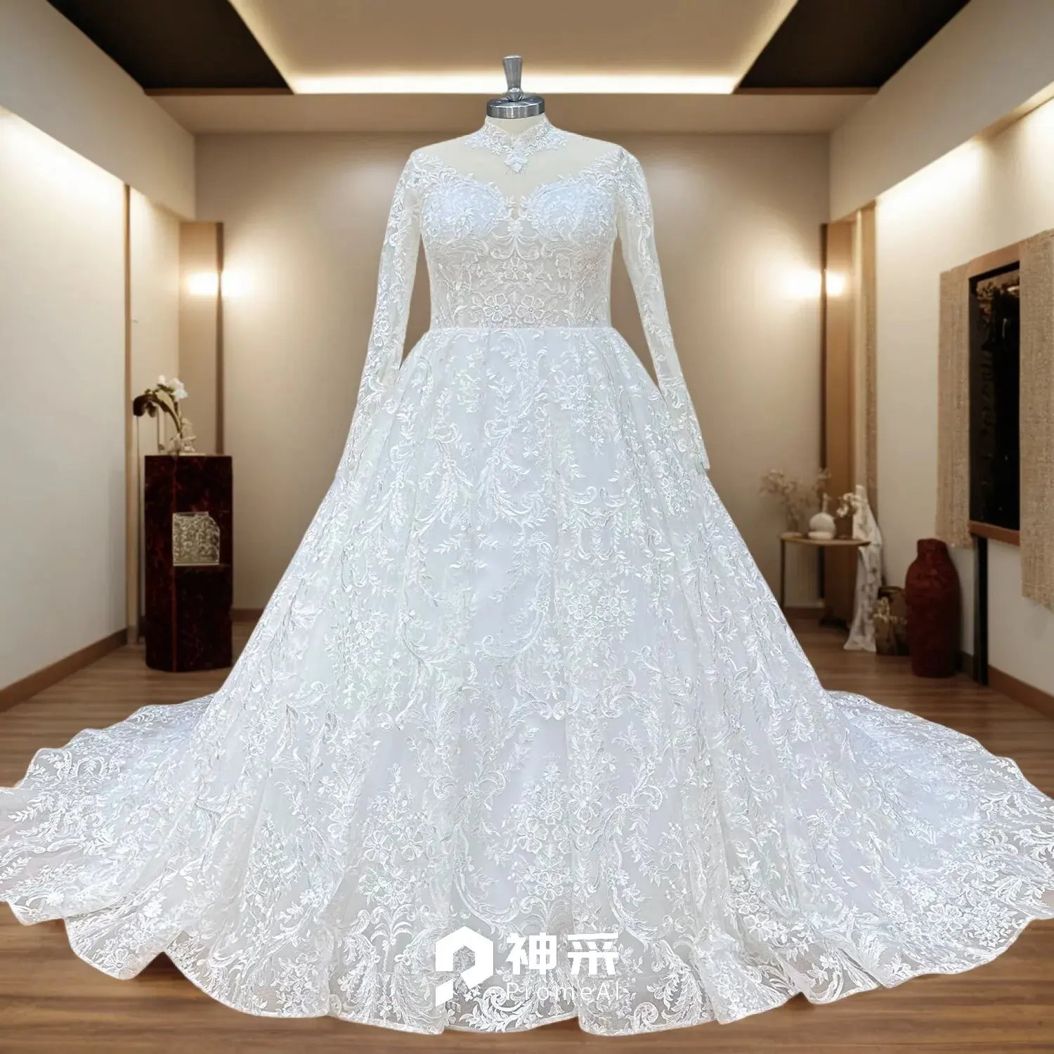 

Hire Lnyer High Neck Buttons Up Back Long Sleeve High Quality Shiny Sequins Lace Plus Size Ball Gown Wedding Dresses