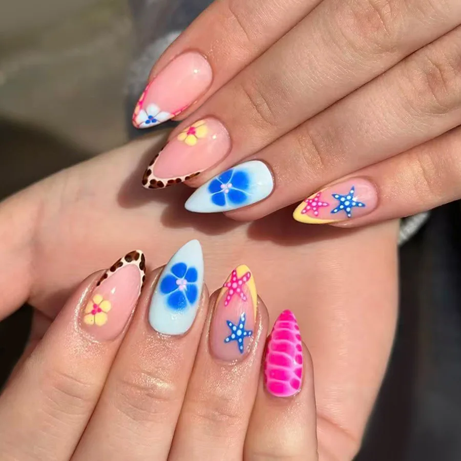 

24Pcs Blue Flower Starfish False Nails Leopard Print French Full Cover Nails Tips Mid-length Almond Wearable Press on Fake Nails