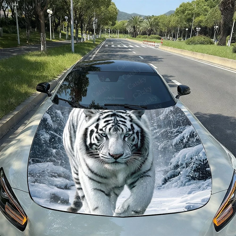 Snow Tiger Walk Car Hood Sticker PVC Self Waterproof Stick, Striking Auto Exterior Accessories Decor Protect Gift for Car Lover