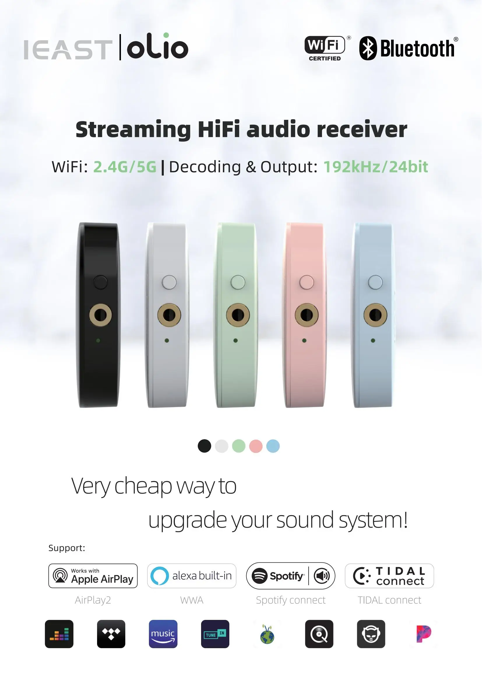 

IEAST Olio WiFi 2.4G/5G& Bluetooth Receiver 5.0 Wireless Auido Multiroom Airplay 2 Music Streamer Within Tidal Connect