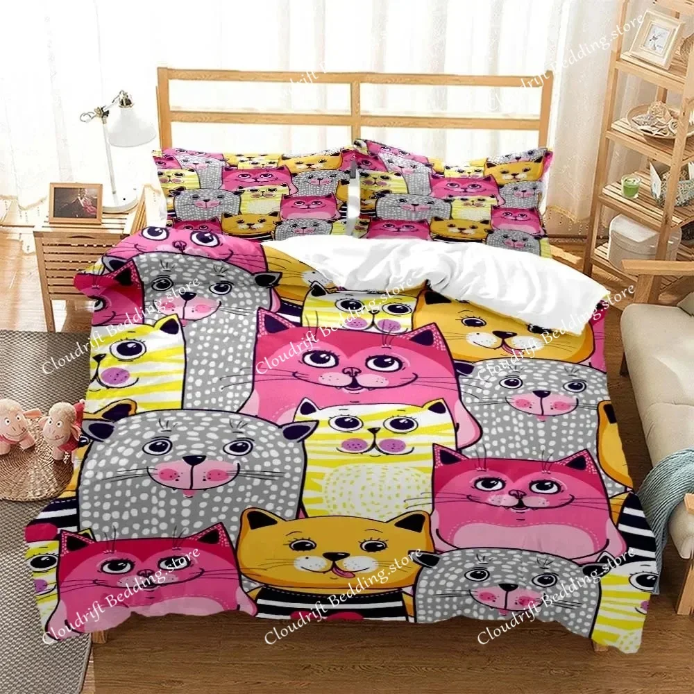Cute Cat Print Quilt Cover Pillow Cover Bedding Set Luxury Queen Bedding Set Cute Style Customized Boys Bedding Set