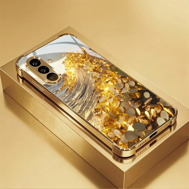 Gold coin wave pattern design with four gold electroplated glass, for Samsung Galaxy S26/S26PLUS/S26ULTRA/S25/S24