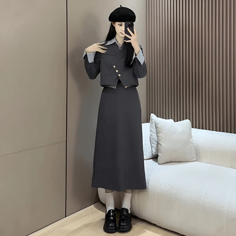 

Official Trendy Two-Piece Suit for Spring/Autumn Chic Lapel Jacket and High-Waisted Skirt with A Classy Appeal High Quality New